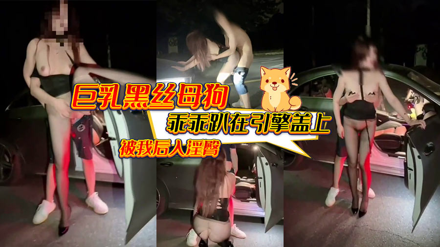 巨乳黑丝母狗乖乖趴在引擎盖上,被我后入淫臀